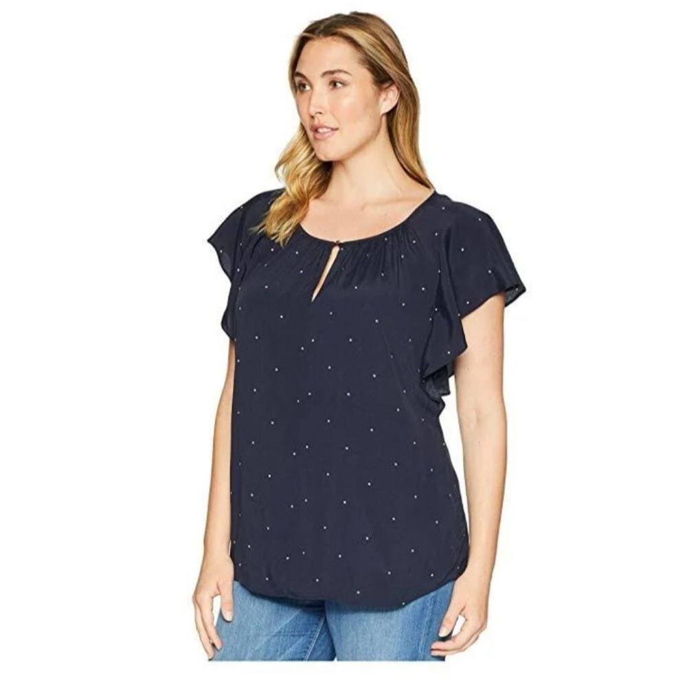 Vince Camuto Soho Pindot Flutter Sleeve Keyhole Blouse Sz 1X